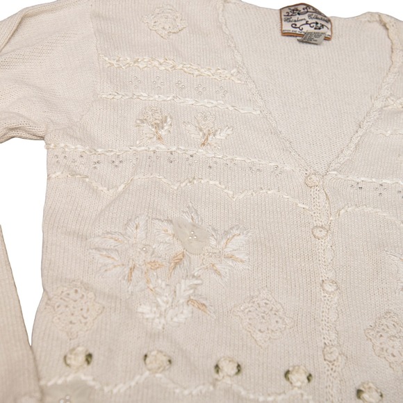 vintage heirloom Sweaters - Vintage Grandma Sweater Sz L Knit Beaded Flowers Ivory GrannyCore Crochet Chunky